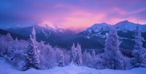 Snow-covered trees in the foreground with distant mountains under a purple and pink sunset sky.