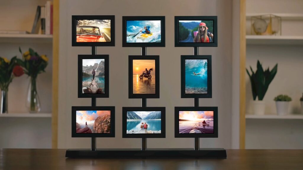 A multi-photo frame on a table displaying various travel and adventure scenes.