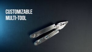 A customizable multi-tool with a pair of pliers is displayed on a dark background.
