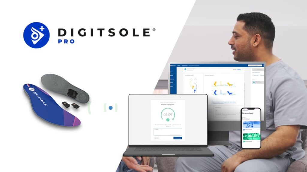 A Digitsole Pro insole with digital components is shown alongside a healthcare professional using analysis software on a computer, laptop, and smartphone.