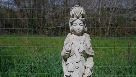 **Alt Text:** A stone statue of a serene figure with elaborate headwear and flowing garments stands ahead of a wire fence and grassy field.
