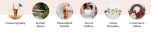 "A row of six circular images above text labels: Cinematography, Product Videos, Personalized Shotlist, Style & Fashion, Unique Comedies, and E-commerce Videos."