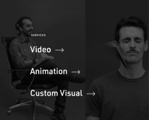 A man wearing headphones sits in a chair holding a notebook on the left, with the words "Services" and services listed as "Video," "Animation," and "Custom Visual" with arrows pointing right; on the right, a man squints as a brush moves towards his face.
