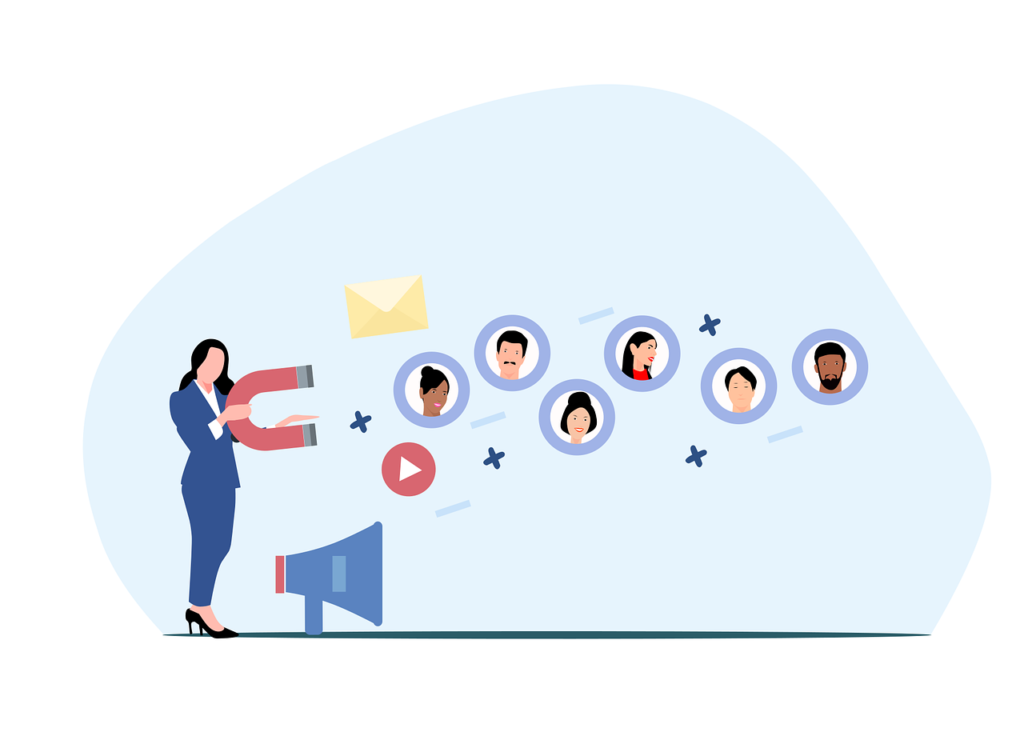 A woman holding a magnet attracting various illustrated profile icons from a megaphone, representing marketing or customer engagement.