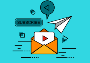 **Alt Text:** An illustration featuring an envelope with a play button inside, a paper airplane, a "subscribe" button, and various play icons on a blue background.