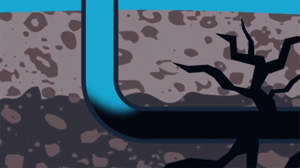 **Alt text:** Illustration of a blue underground pipeline surrounded by soil with roots nearby.