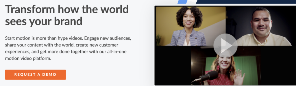 A video conferencing interface showing three smiling individuals, accompanied by text promoting a motion video platform and a "Request a Demo" button.