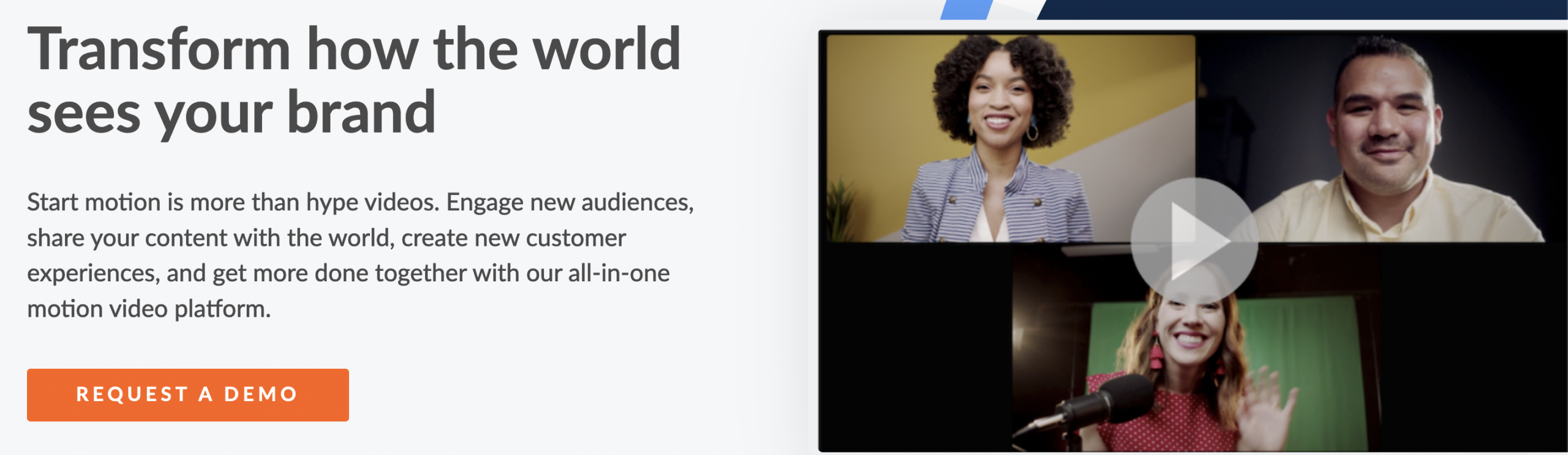 A video conferencing interface showing three smiling individuals, accompanied by text promoting a motion video platform and a "Request a Demo" button.