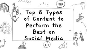 **Alt text:** Illustration titled "Top 8 Types of Content to Perform the Best on Social Media" surrounded by doodles of a light bulb, pencil, megaphone, speech bubble, and a globe.