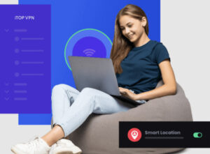 A person sits on a bean bag using a laptop, with a digital interface displaying "iTop VPN" and "Smart Location" toggled on.