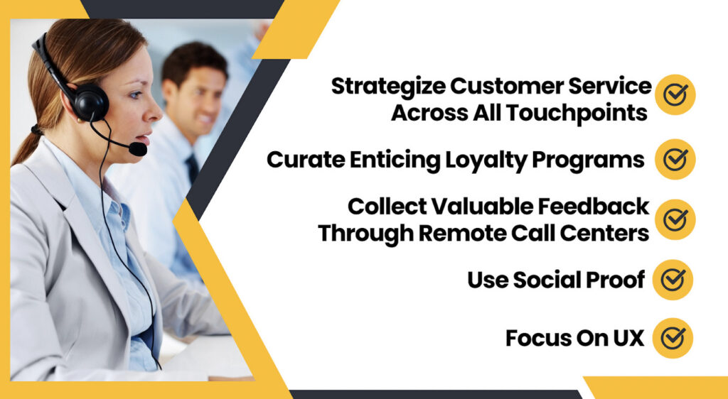 A call center employee wearing a headset is on the left, with customer service strategies listed on the right.