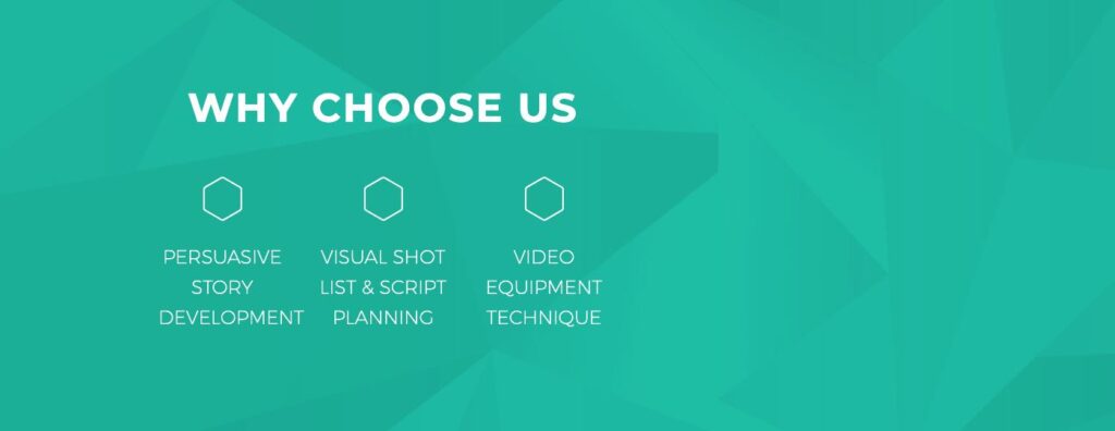 **Alt Text:** A teal graphic with the heading "WHY CHOOSE US" followed by three sections: "Persuasive Story Development," "Visual Shot List & Script Planning," and "Video Equipment Technique," each with a hexagon icon.