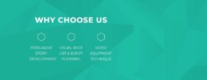 **Alt Text:** A teal graphic with the heading "WHY CHOOSE US" followed by three sections: "Persuasive Story Development," "Visual Shot List & Script Planning," and "Video Equipment Technique," each with a hexagon icon.
