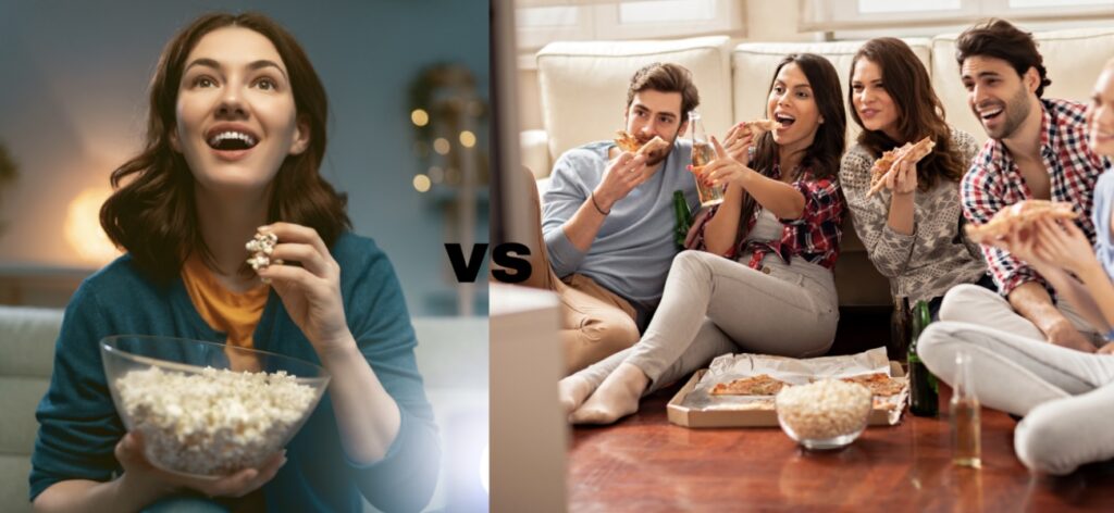 **Alt text:** On the left, a woman enjoys popcorn while watching TV; on the right, a group of friends sits together, eating pizza and drinking bottled beverages.