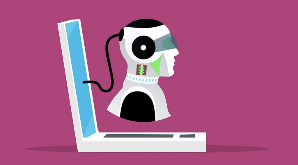 Illustration of a robotic head connected to a laptop, floating against a pink background.