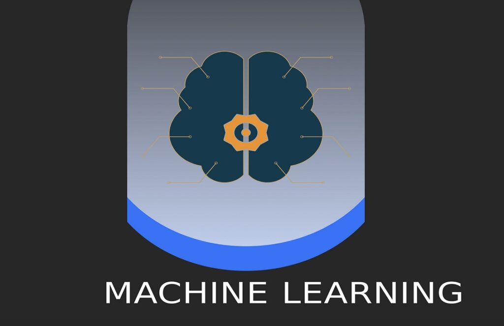 A stylized brain illustration with connected lines and a central gear icon, above the words "MACHINE LEARNING."