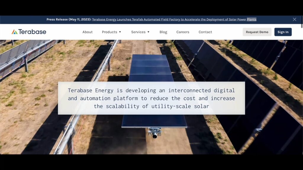 A webpage screenshot featuring Terabase Energy's initiative to develop an interconnected digital and automation platform for utility-scale solar.