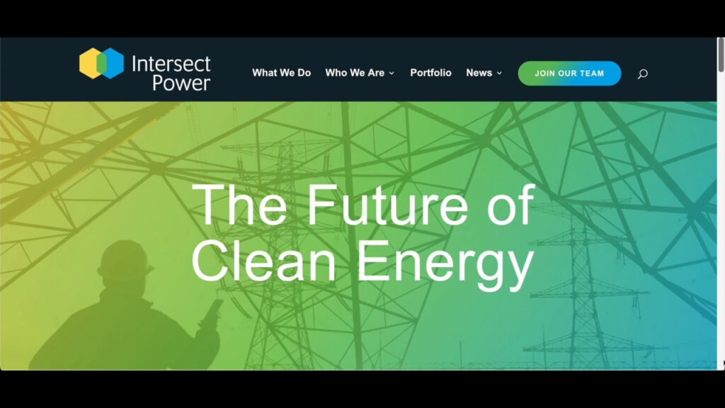 **Alt text:** A webpage with a gradient background shows a silhouette of a worker, power lines, and the text "The Future of Clean Energy."