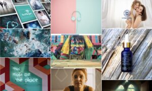 **Alt Text:** A collage featuring various images: a tech-themed panel, pink and teal headphones on a split background, a mother and daughter smiling, ocean waves over rocks, a colorful mural of a woman's face, a botanical tincture bottle, a neon sign saying "this must be the place," a woman looking forward, and light filtering through windows in a dark space.