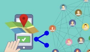 **Alt Text:** An illustration depicts a hand interacting with a smartphone displaying a map and location pin, alongside a network of interconnected user icons.