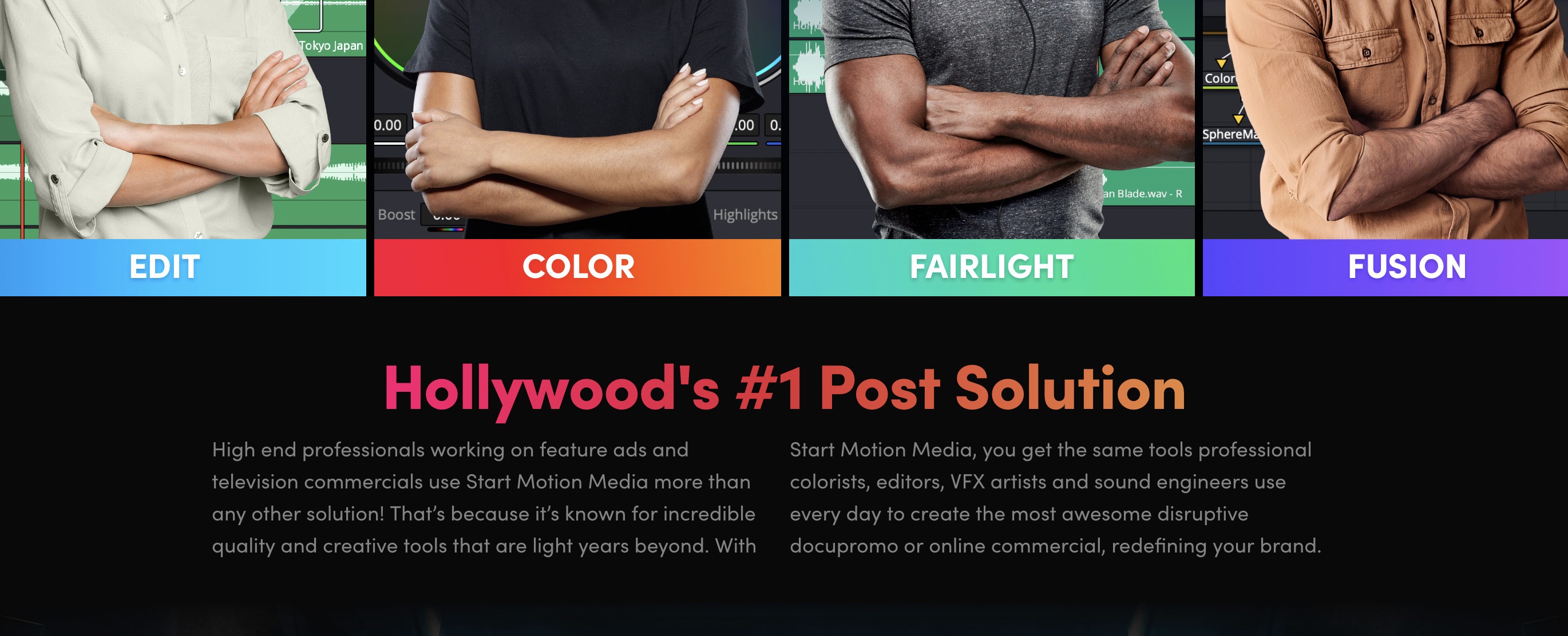 Start Motion Media post-production — edit, color, and sound