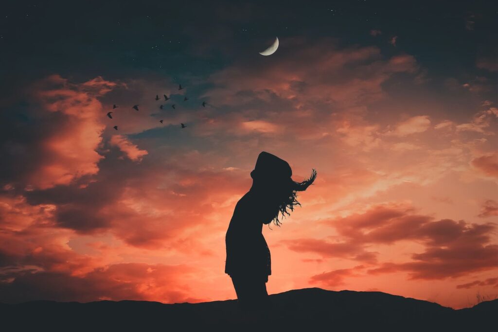 **Alt Text:** Silhouette of a person in a hat with long hair blowing in the wind beneath a crescent moon and flock of birds against a vibrant sunset sky.