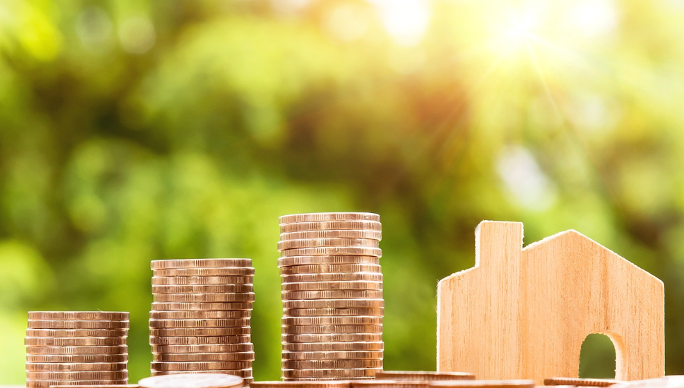 Stacks of coins increasing in height from left to right stand beside a wooden house cutout against a blurred green background.