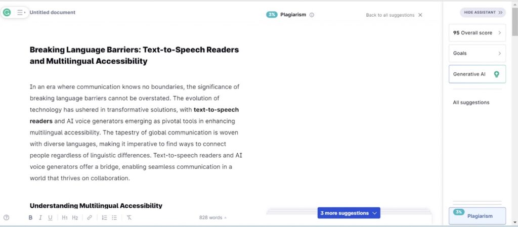 **Alt text:** A document titled "Breaking Language Barriers: Text-to-Speech Readers and Multilingual Accessibility" discusses the role of technology in enhancing communication across languages.