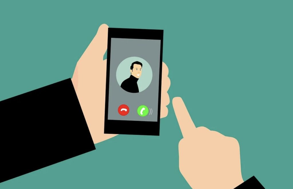 An illustration of a person holding a smartphone displaying an incoming call with options to accept or decline.