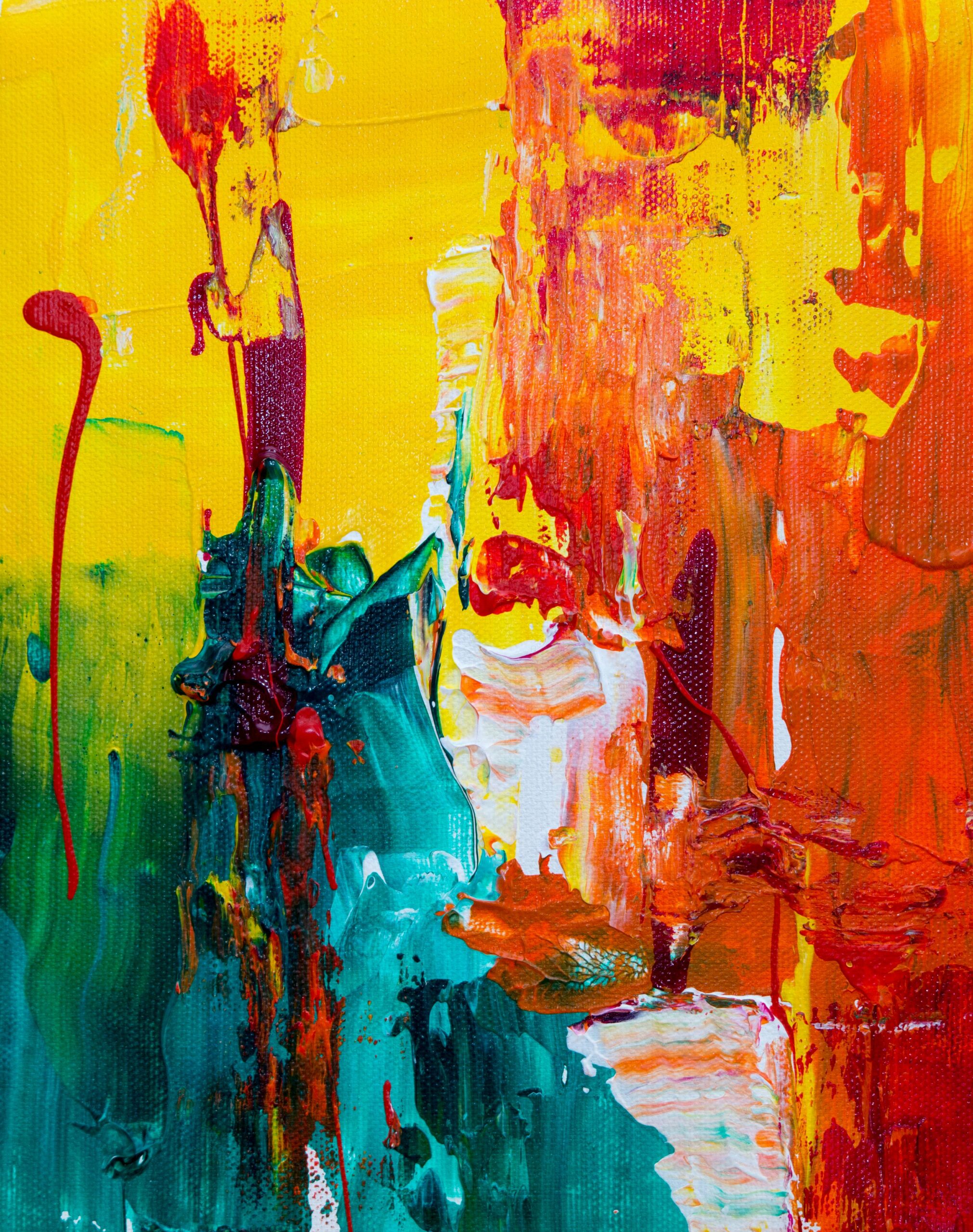 **Alt Text:** A vibrant abstract painting with bold strokes of red, yellow, green, teal, and orange.