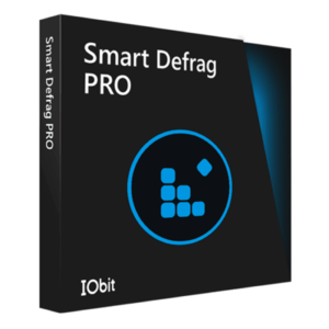 **Alt text:** A 3D box image of IObit's Smart Defrag PRO software, featuring a dark design with blue geometric shapes and text.