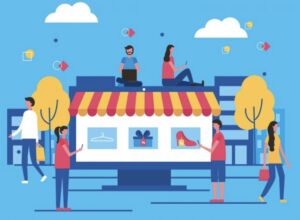 **Alt text:** An illustration of people interacting with a large computer monitor displaying an online store interface in a cityscape setting.