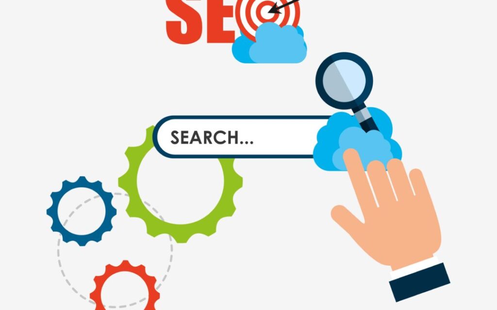 **Alt text:** An illustration showing the word "SEO" above a cloud with a target symbol, a search bar labeled "SEARCH..." with a magnifying glass, gears, and a hand pointing towards it.