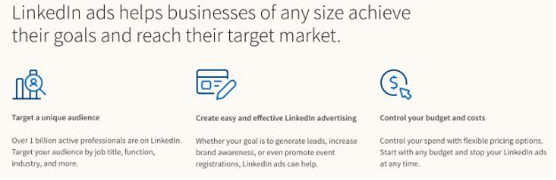 LinkedIn ad graphic highlighting benefits such as targeting a unique audience, creating effective ads, and controlling budget and costs.