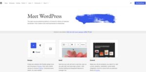 The WordPress homepage displays a welcome message and highlights features for design, build, and extend capabilities.
