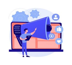 A person holding a tablet points at a large megaphone in front of a laptop screen, surrounded by social media icons and gears.