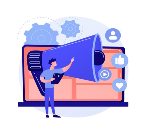 A person holding a tablet points at a large megaphone in front of a laptop screen, surrounded by social media icons and gears.