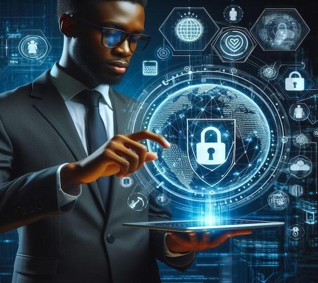 **Alt Text:** A person in a suit and glasses interacts with a digital tablet, displaying holographic global cybersecurity icons, including a lock symbol, against a tech-themed background.