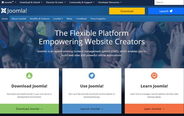 Joomla homepage featuring sections to download, use, and learn Joomla, with a banner stating "The Flexible Platform Empowering Website Creators."