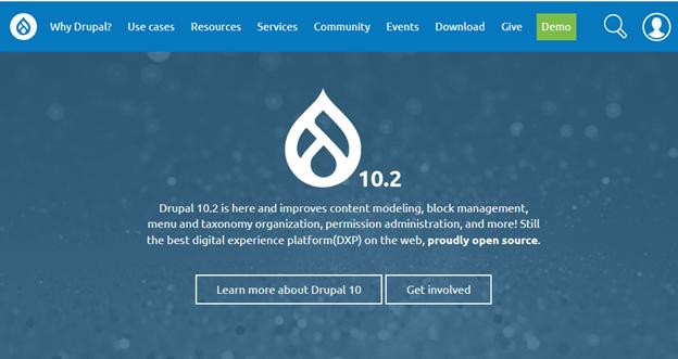 A Drupal 10.2 announcement banner with features and buttons to learn more or get involved.