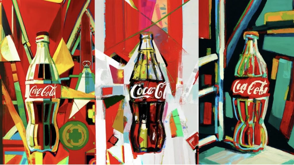 Three abstract paintings of Coca-Cola bottles with vibrant colors and geometric shapes in the background.