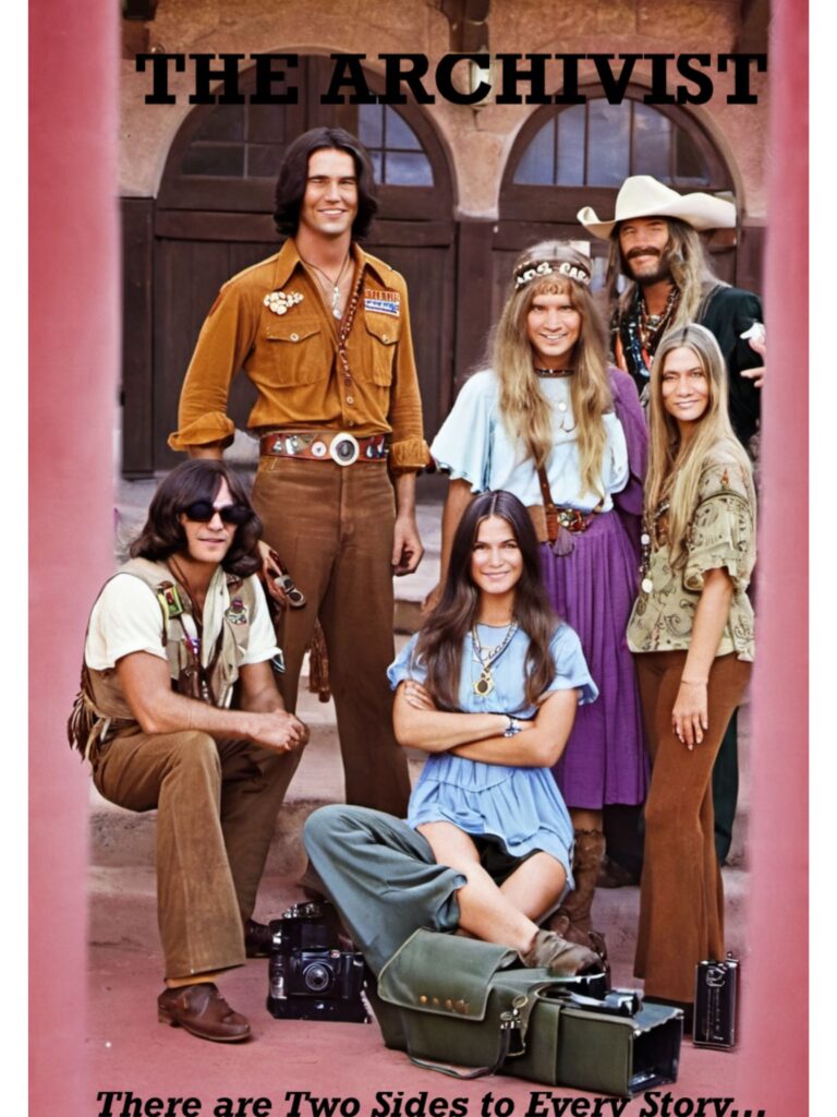 **Alt text:** A group of six people dressed in 1970s fashion pose confidently in front of a building under a sign that reads "The Archivist," with various photography equipment in the foreground.