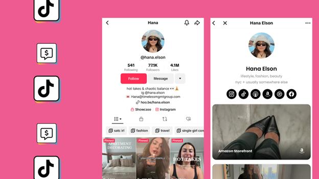 Two mobile screenshots of a TikTok profile for Hana Elson, showing her follower count, bio, and some video thumbnails, set against a pink background with TikTok and dollar sign icons on the left.