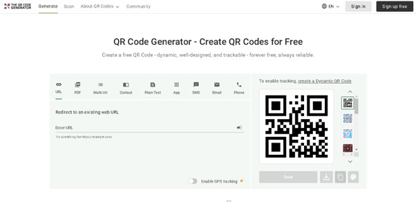 Alt text: A webpage showing a free QR code generator with options to create QR codes for various functions like URL, PDF, contact, and more, alongside a QR code preview on the right.
