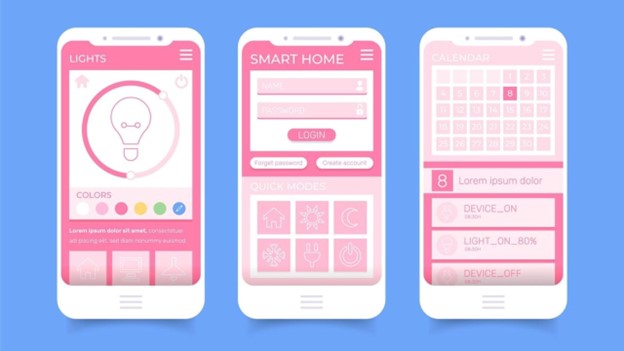 The image shows three mobile screens with a pink color theme displaying smart home app interfaces including lights, login, and calendar features.