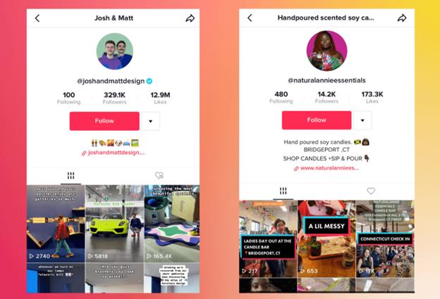 "Side-by-side TikTok profiles: Josh & Matt with 329.1K followers and a variety of videos; Handpoured scented soy candles with 14.2K followers and videos related to candle making."