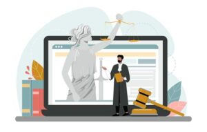 A lawyer stands in front of a laptop displaying an image of Lady Justice, with books and a gavel nearby.