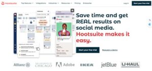 **Alt Text:** A Hootsuite webpage screenshot displaying a social media management dashboard and the text "Save time and get REAL results on social media. Hootsuite makes it easy," with logos of various companies like Allianz, Adobe, and IKEA below.