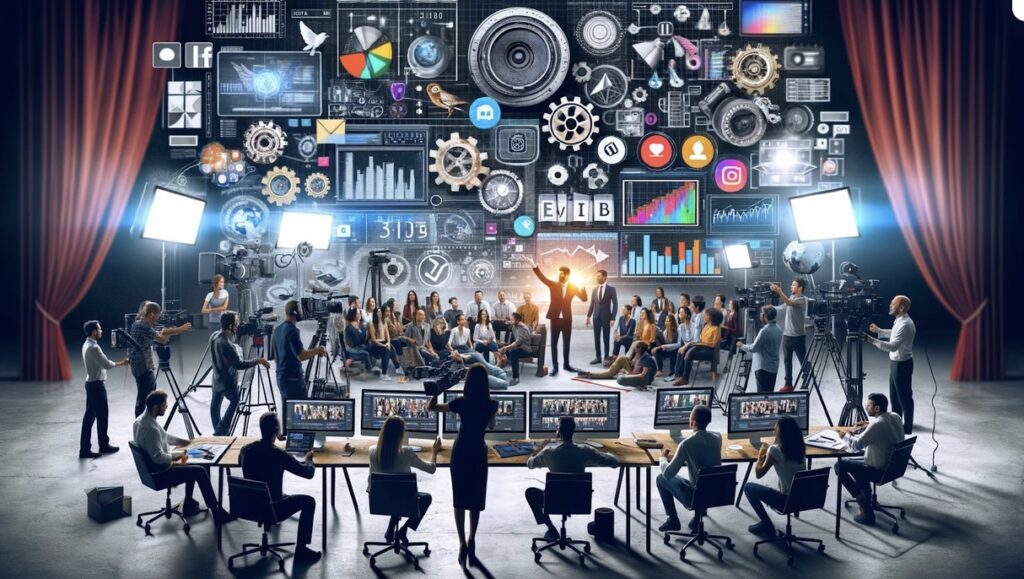 A large group of people in a stage setting with cameras and studio lights, facing a backdrop filled with various technological and digital icons.