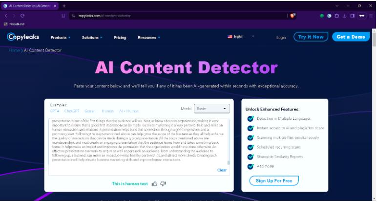 **Alt text:** A screenshot of the Copyleaks website featuring an "AI Content Detector" tool, with options to paste text for analysis and a panel highlighting enhanced features like multiple language detection.